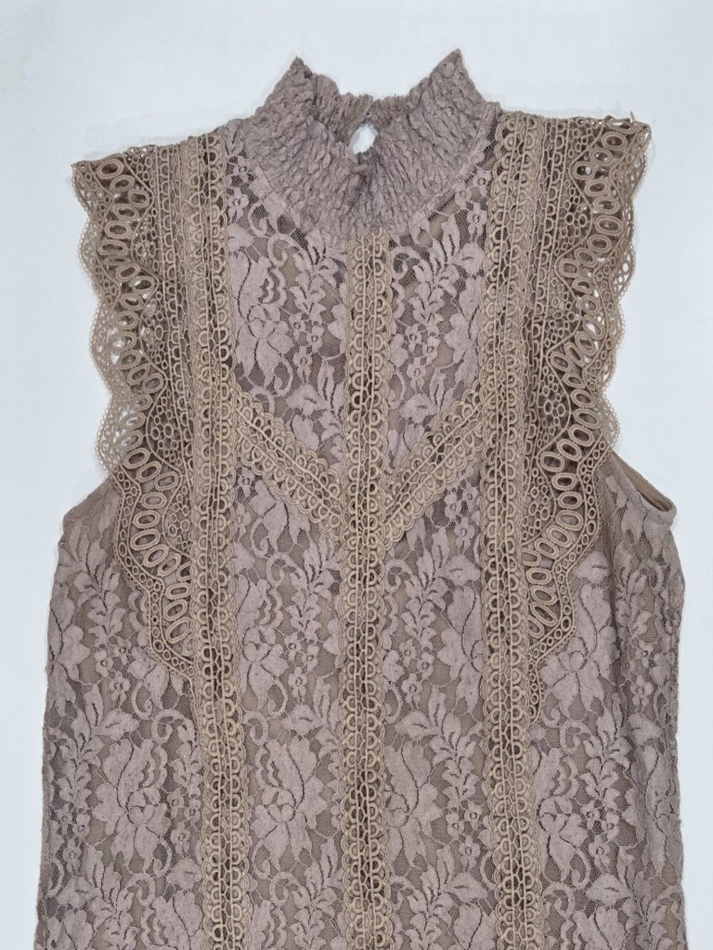 Cable And Gauge Ladies Top Sleeveless Blouse Crochet Lace Boho Beige Brown Large